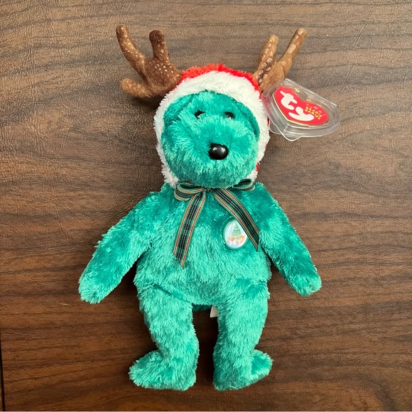 NWT Beanie Baby Green Teddy  With Antlers"2002 Holiday Teddy" TY Christm… - Picture 1 of 4